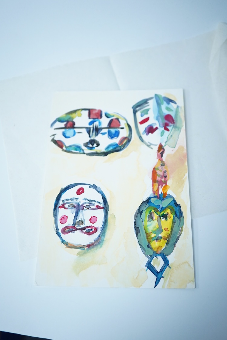 Five various Contemporary works on postcards to include: Alison Wilding, Abstract composition, Andrew Bick and Hugh Allan, unframed